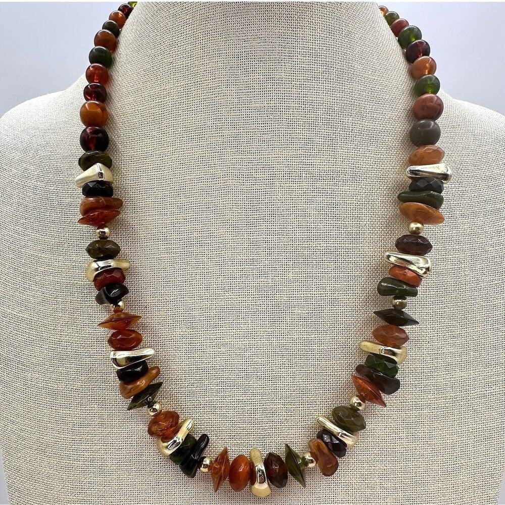 Vintage 90s Earth Tone Beaded Necklace Statement Women's Classic Fashion Jewelry